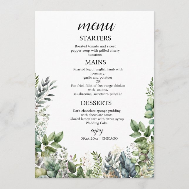 Create Your Own wedding eucalyptus Flat Menu (Front)