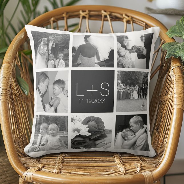 Create Your Own Wedding Photo Collage Monogram Cushion (Custom Anniversary Photo Pillow)