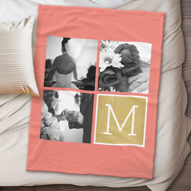 Create Your Own Wedding Photo Collage Monogram Fleece Blanket (Personalized wedding anniversary fleece blanket)