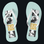 Create Your Own Wedding Photo Collage Monogram Jandals<br><div class="desc">2015 colours of mint and gold foil print background - Use 3 square photos to create a unique and personal anniversary gift. Add the bride and groom's initials. If you need to adjust the pictures or monograms,  click on the customise tool to make changes.</div>