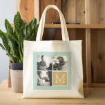 Create Your Own Wedding Photo Collage Monogram Large Tote Bag<br><div class="desc">2015 colours of mint and gold foil print background - Use 3 square photos to create a unique and personal anniversary gift. Add the bride and groom's initials. If you need to adjust the pictures or monograms,  click on the customise tool to make changes.</div>