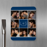 Create Your Own Wedding Photo Collage Monogram Magnet<br><div class="desc">Navy Blue and White background - Use 8 square photos to create a unique and personal anniversary gift. Add the bride and groom's initials and date. If you need to adjust the pictures or monograms,  click on the customise tool to make changes.</div>