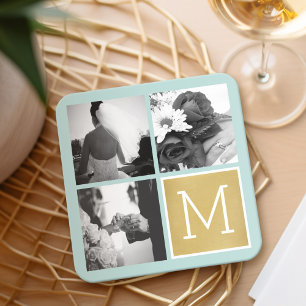 Create Your Own Wedding Photo Collage Monogram Square Paper Coaster