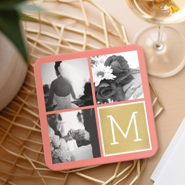 Create Your Own Wedding Photo Collage Monogram Square Paper Coaster (Wedding and Anniversary Coasters - Personalize with a photo collage)