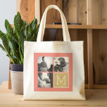 Create Your Own Wedding Photo Collage Monogram Tote Bag<br><div class="desc">2015 colours of coral and gold foil print background - Use 3 square photos to create a unique and personal anniversary gift. Add the bride and groom's initials. If you need to adjust the pictures or monograms,  click on the customise tool to make changes.</div>