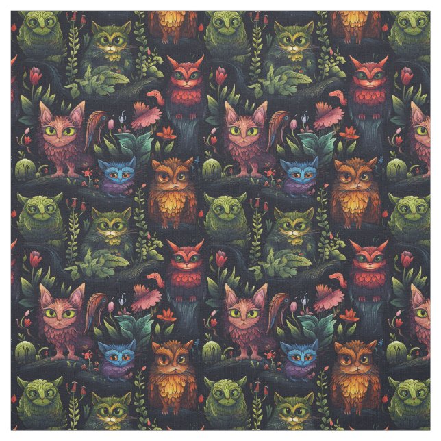 Create Your Own Whimsical Fantasy Cats Owls Fabric (Swatch)