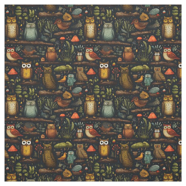 Create Your Own Wild Forest Owls Birds Black Fabric (Swatch)