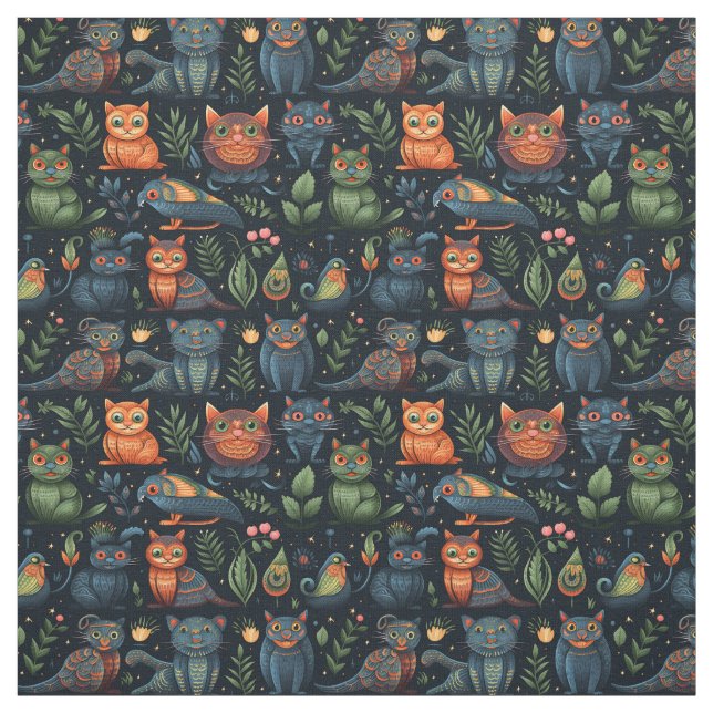 Create Your Own Wild Goblin Cats Birds Black Fabric (Swatch)