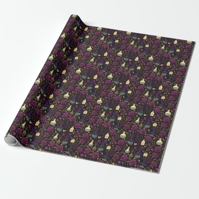 Create Your Own Witchy Magenta Roses Wrapping Paper (Unrolled)