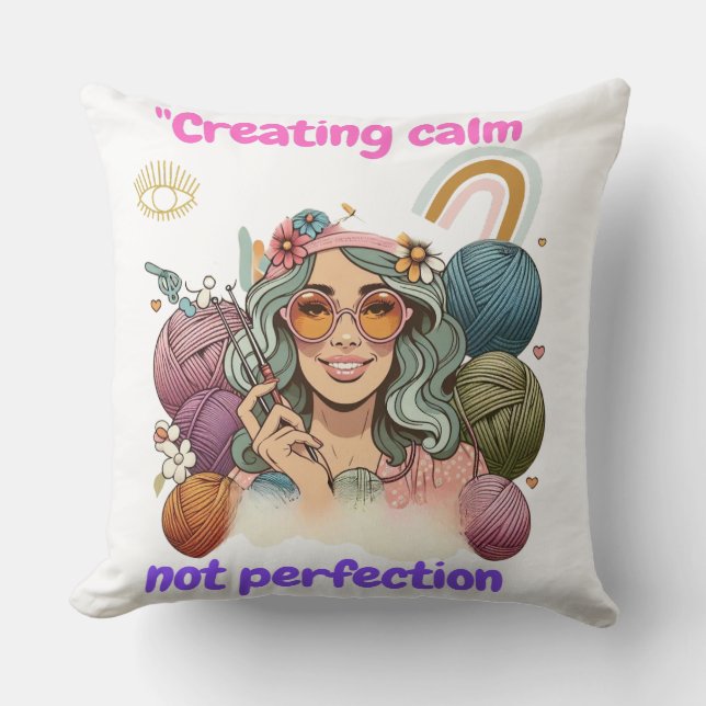 Creating calm, not perfection - Retro knitting gir Cushion (Front)