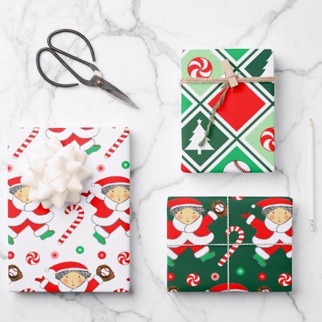 Creative Baseball Christmas Holiday Gift Wrapping Paper Sheet (Front)
