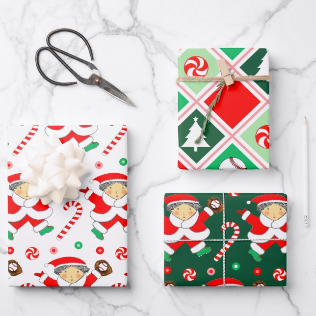 Creative Baseball Christmas Holiday Gift Wrapping Paper Sheet (Front)