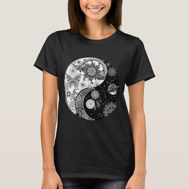Creative Black white Yin Yang Night Day Mandala T-Shirt (Front)