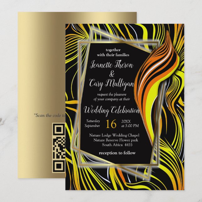Creative Black, yellow & Orange Seamless Abstracts Invitation (Front/Back)