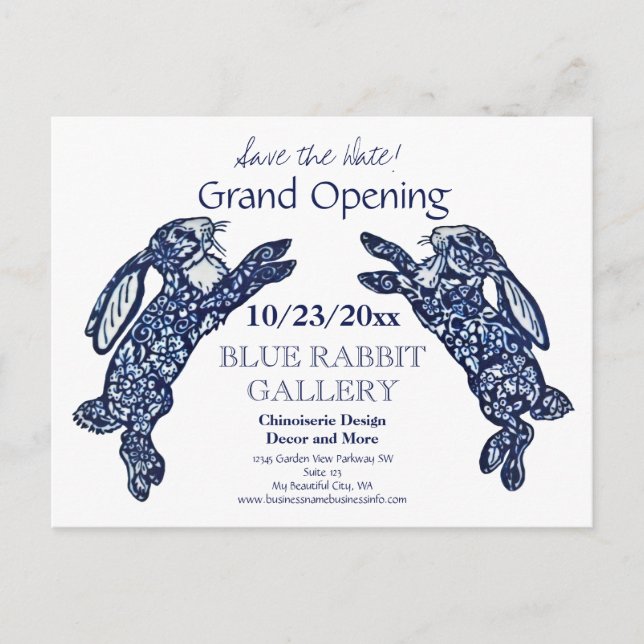 Creative Blue Bunny Business Grand Opening Date Announcement Postcard (Front)