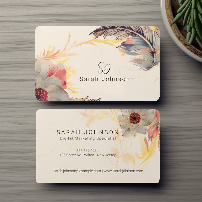 Creative Bohemian Floral & Feather With Monogram  Business Card (Creator Uploaded)