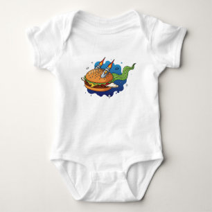 Creative Cartoon Burger Rocket Ship in Space Illus Baby Bodysuit