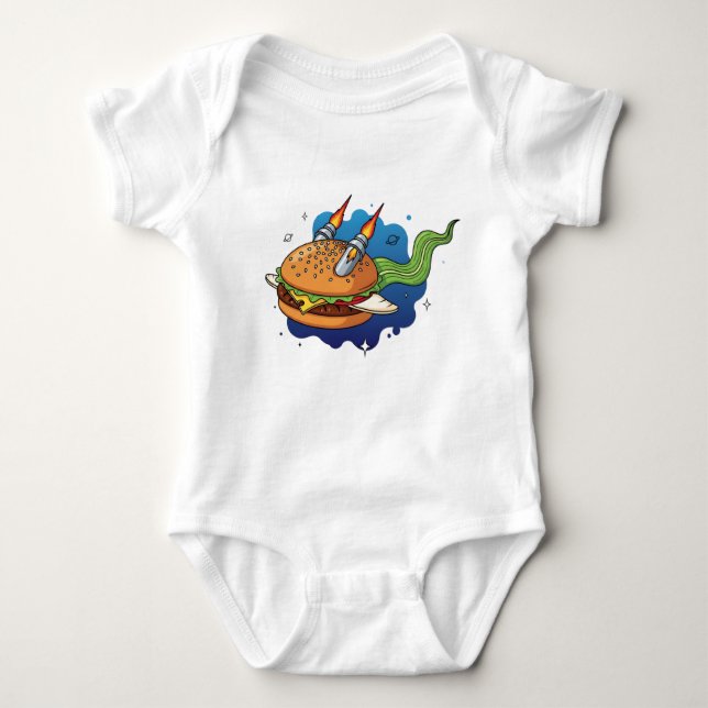 Creative Cartoon Burger Rocket Ship in Space Illus Baby Bodysuit (Front)