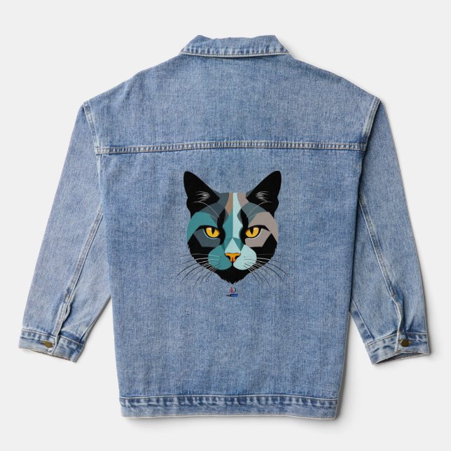 Creative Cat Head Illustration Denim Jacket (Back)