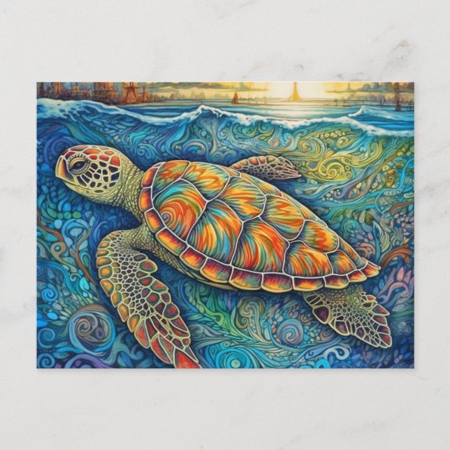 Creative Colourful Swimming Tortoise Illustration Postcard (Front)