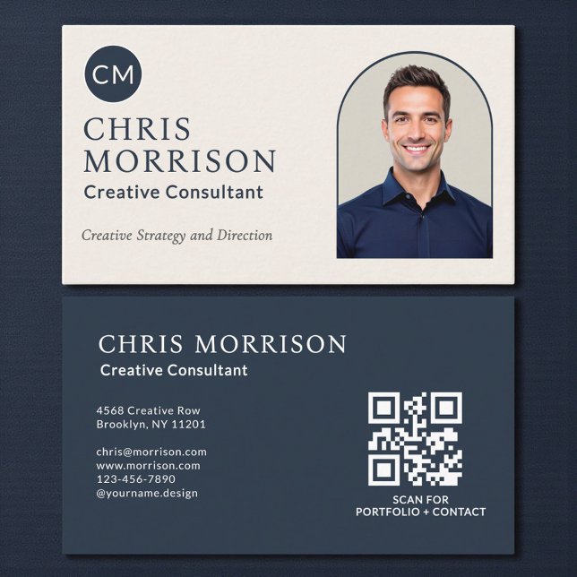 Creative Consultant Photo QR Code Navy Blue Business Card (Creator Uploaded)