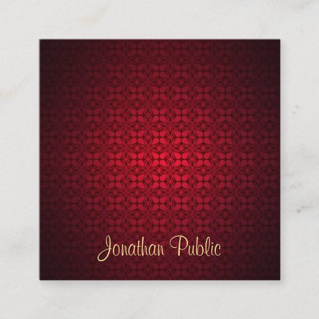 Creative Elegant Red Damask Calligraphy Script Square Business Card (Front)