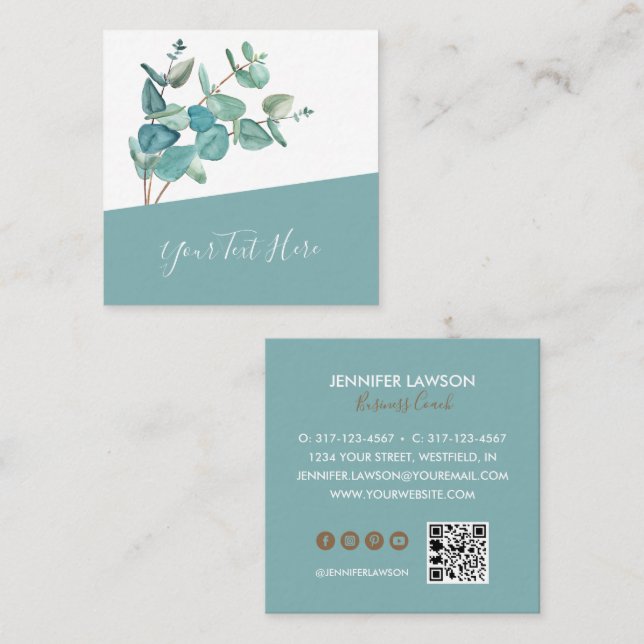 Creative Eucalyptus QR Code & Social Media Icons Square Business Card (Front/Back)