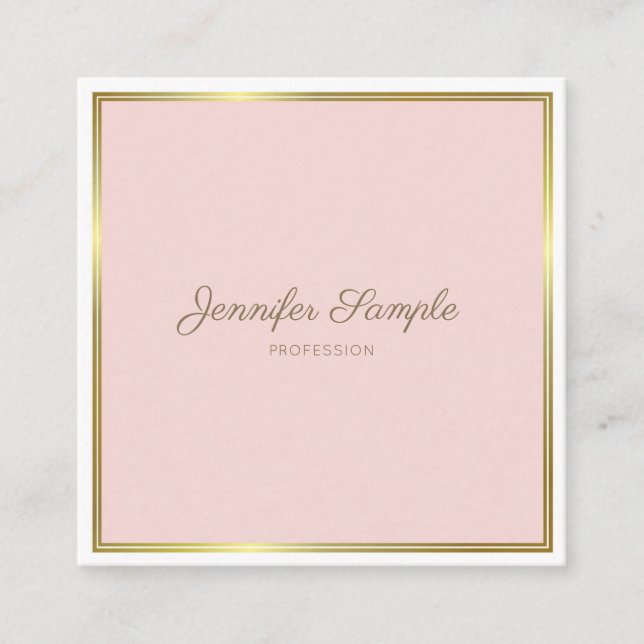 Creative Gold Blush Pink Hand Script Font Text Square Business Card (Front)