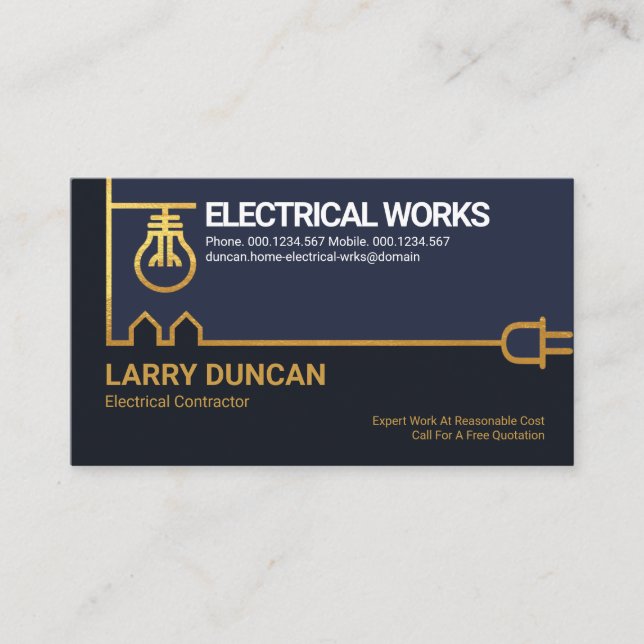 Creative Gold Border Power Plug Bulb Electrician Business Card (Front)