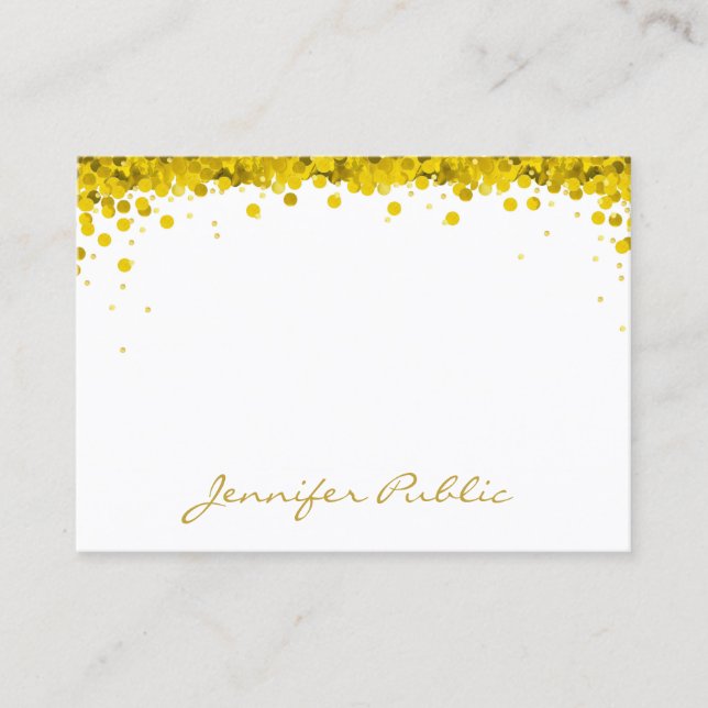 Creative Gold Confetti Hand Script Text Template Business Card (Front)
