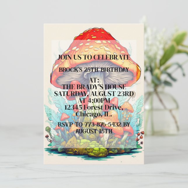 Creative Mushroom Illustration Birthday Party Invitation (Standing Front)