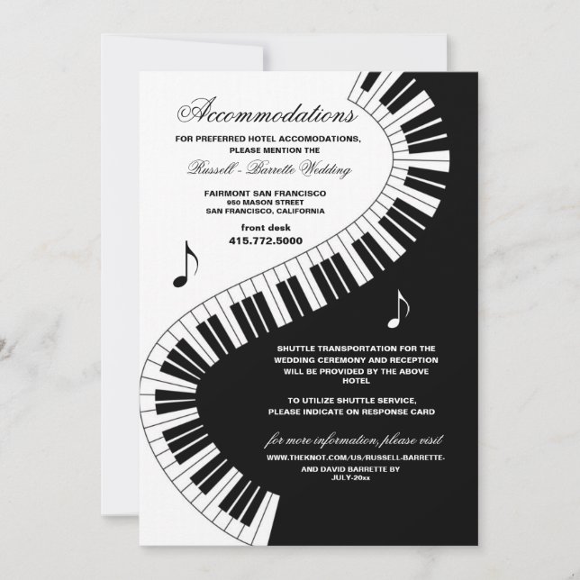 Creative Musicians Piano Keys Wedding Accommodatio Invitation (Front)