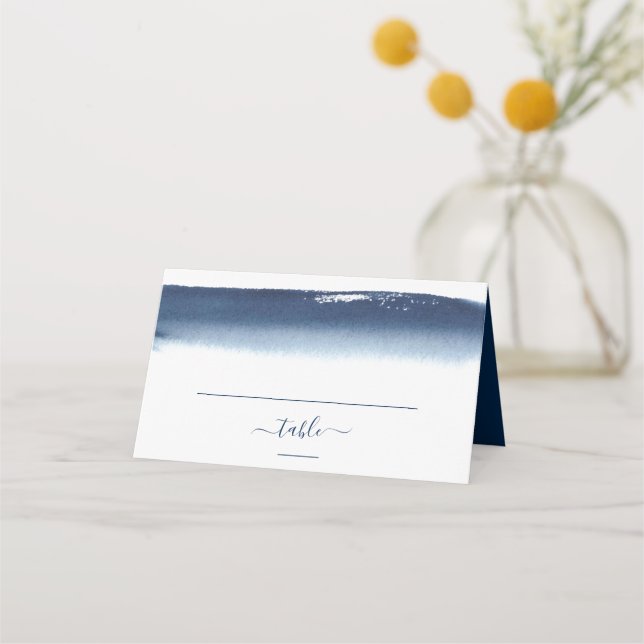Creative Navy Blue Watercolor Brushstroke Wedding Place Card (Front)