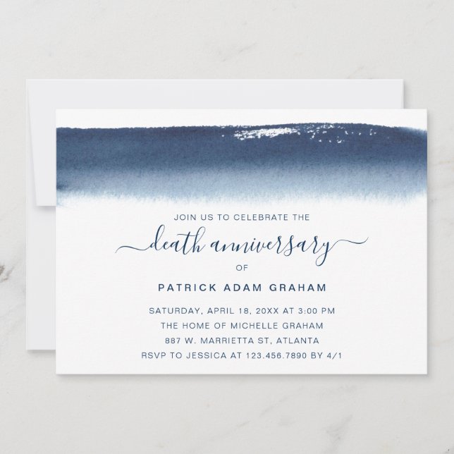 Creative Navy Blue Watercolor Death Anniversary Invitation (Front)