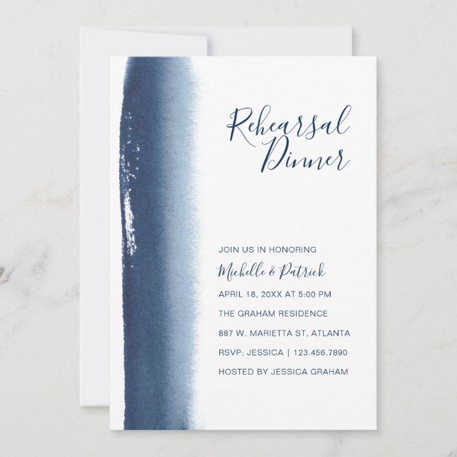 Creative Navy Blue Watercolor Rehearsal Dinner Invitation (Front)