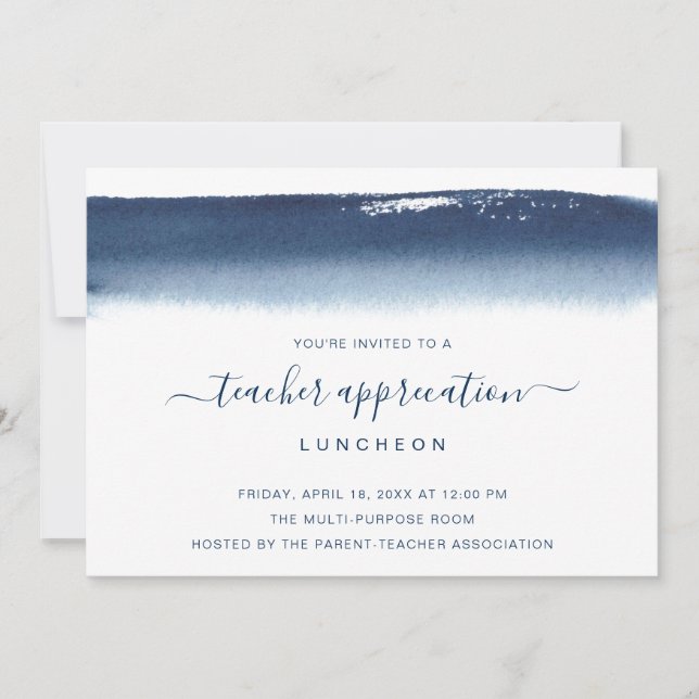Creative Navy Blue Watercolor Teacher's Day Invitation (Front)