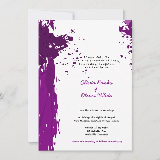 Creative Paint Splatter Purple Wedding Invitation (Front)