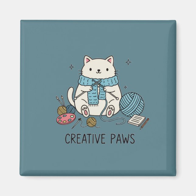 Creative Paws Knitting White Cat Blue Scarf Accent Magnet (Front)