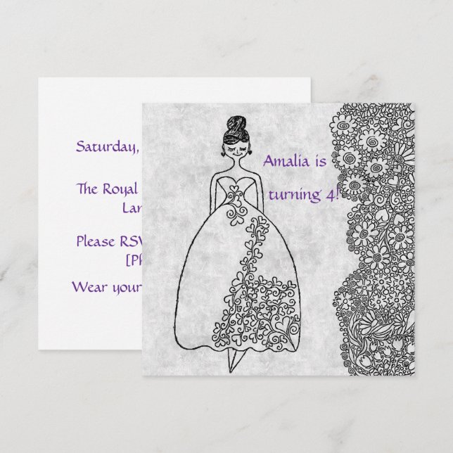 Creative Princess Colouring Book Style 4th Birthda Invitation (Front/Back)