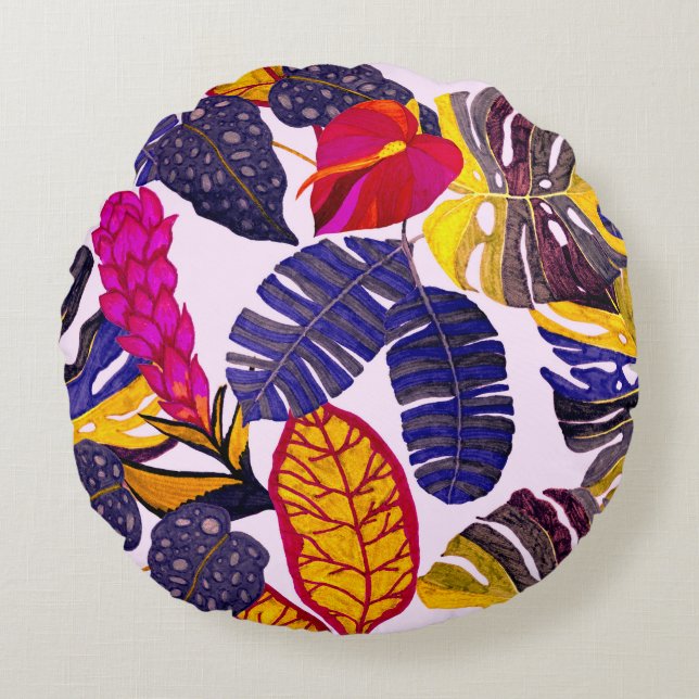 Creative seamless pattern with tropical leaves and round cushion (Front)
