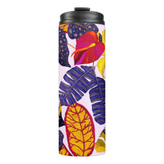 Creative seamless pattern with tropical leaves and thermal tumbler