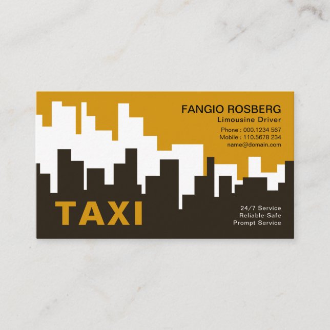 Creative Yellow Urban City Skyline Silhouette Taxi Business Card (Front)