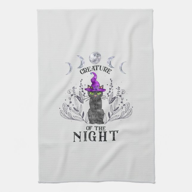 Creatures of the Night – Halloween Black Cat Tea Towel (Vertical)