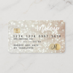 Credit card gold bokeh hair makeup monogram