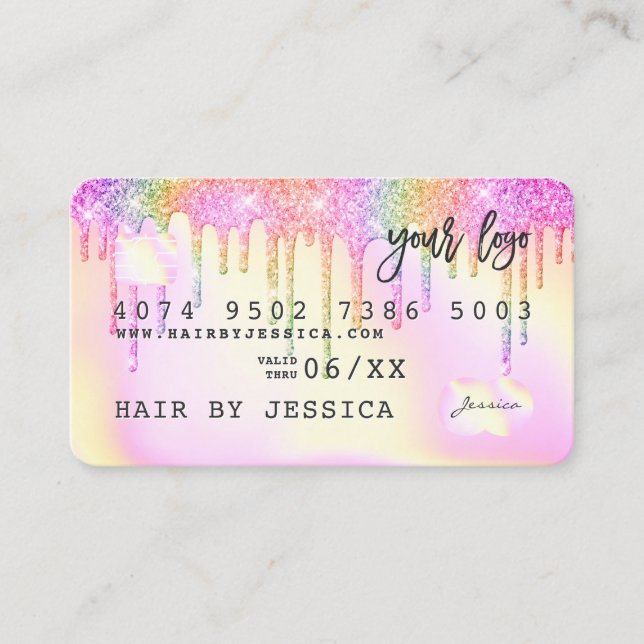 Credit card holographic rainbow pink glitter drips (Front)