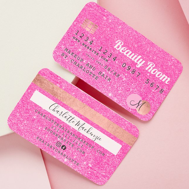 Credit card neon pink glitter beauty monogram (Creator Uploaded)