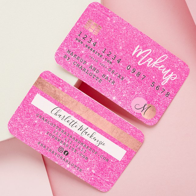 Credit card neon pink glitter makeup hair monogram (Creator Uploaded)