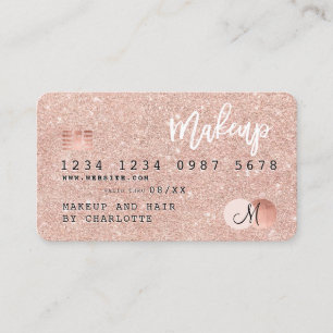 Credit card rose gold glitter makeup hair monogram