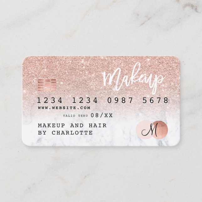 Credit card rose gold glitter marble chic monogram (Front)