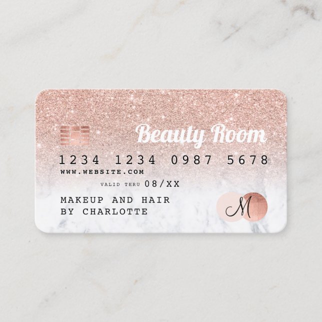 Credit card rose gold glitter marble monogram (Front)
